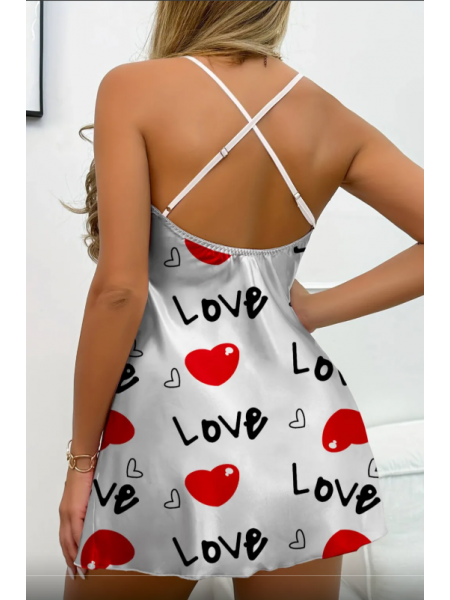 Love Desenli Saten Beyaz Gecelik